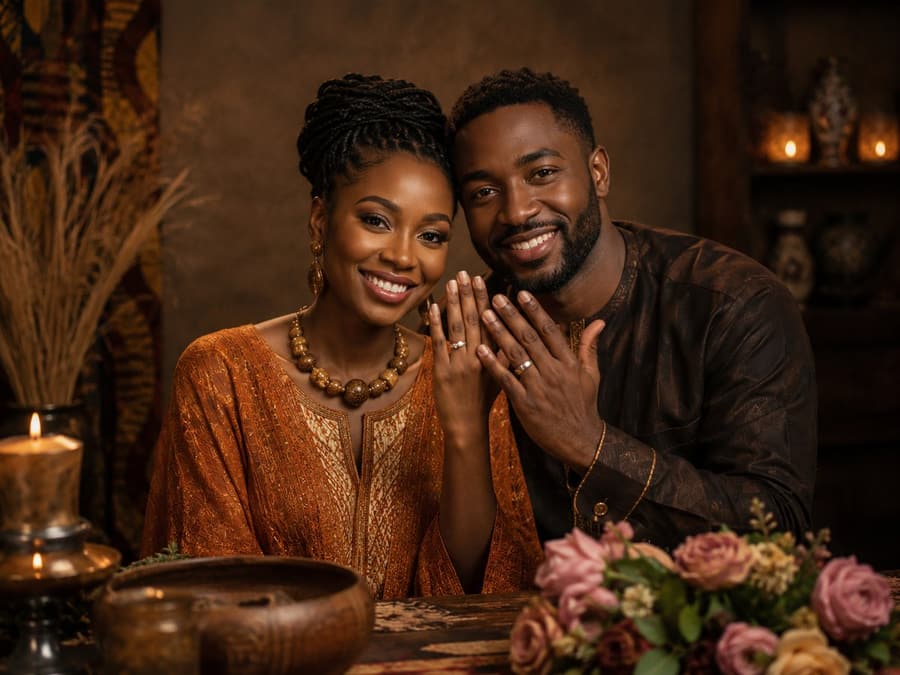 Un couple souriant, joue contre joue, devant un bouquet de fleurs