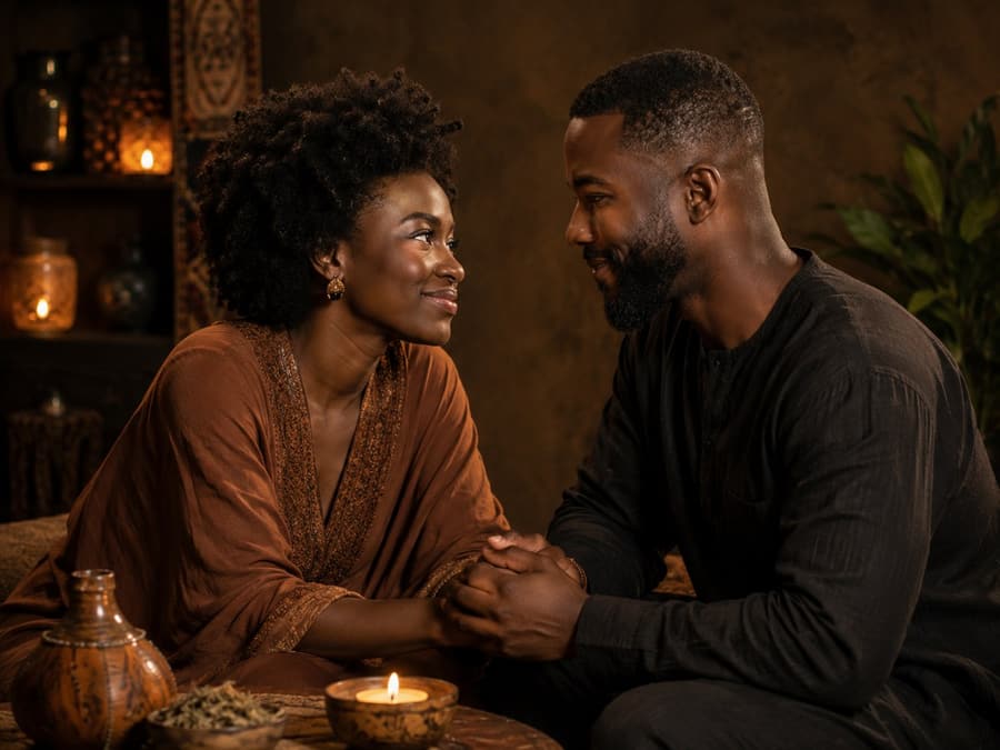 Un couple se tient les mains, face à face, à la lueur d’une bougie
